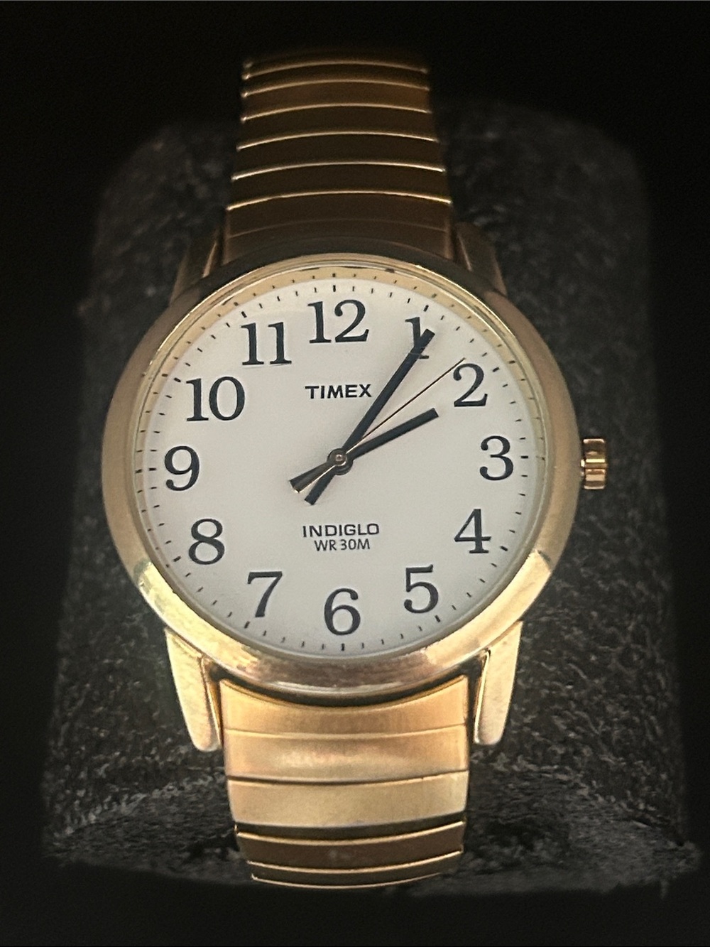 Timex Indiglo Men’s Gold Tone Watch with White Dial and Black Numerals